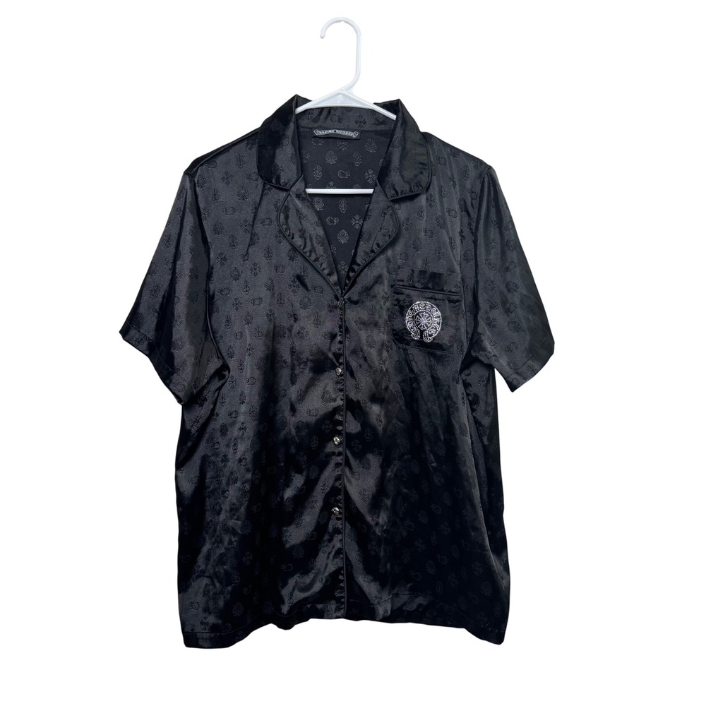 Chrome Hearts Black Monogram Button Up Pajama Shirt Rhinestone Logo Pocket Large